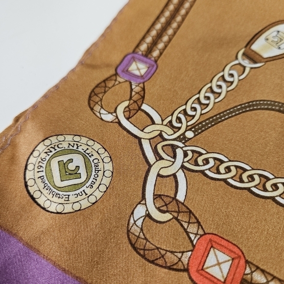 Liz Claiborne 100% Silk Rectangle Scarf Heritage Logo Print Tassels Charms Locks - Picture 6 of 6